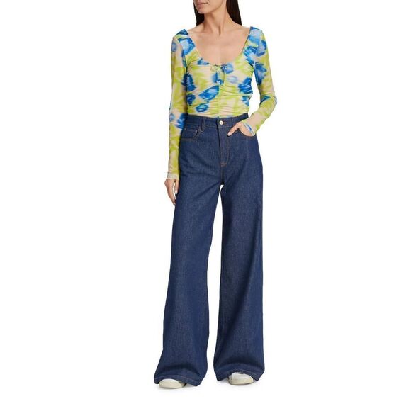 Ganni  Floral Mesh Scoop-Neck Top Blouse Ruched  40 US 8 - Picture 2 of 5